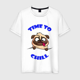 Мужская футболка хлопок с принтом Time to chill | Время чилить в Белгороде, 100% хлопок | прямой крой, круглый вырез горловины, длина до линии бедер, слегка спущенное плечо. | chill | relax | time | время | мопс | отдыхать | пес | собака | чилить | чилл