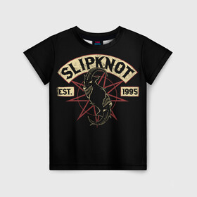 Детская футболка 3D с принтом Slipknot (1995) в Белгороде, 100% гипоаллергенный полиэфир | прямой крой, круглый вырез горловины, длина до линии бедер, чуть спущенное плечо, ткань немного тянется | metal | music | rock | slipknot | козел | логотип | металл | музыка | надпись | пентаграмма | рок | слипкнот | узор | цифры | чб | череп