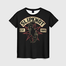 Женская футболка 3D с принтом Slipknot (1995) в Белгороде, 100% полиэфир ( синтетическое хлопкоподобное полотно) | прямой крой, круглый вырез горловины, длина до линии бедер | metal | music | rock | slipknot | козел | логотип | металл | музыка | надпись | пентаграмма | рок | слипкнот | узор | цифры | чб | череп