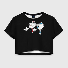 Женская футболка Crop-top 3D с принтом CUPHEAD PULP FICTION в Белгороде, 100% полиэстер | круглая горловина, длина футболки до линии талии, рукава с отворотами | art | cartoon | cup | cuphead | devil | dice | fiction | game | king | mugman | pulp | the | арт | бос | босс | голова | демон | дьявол | игра | капхед | криминальное | магмен | мультик | мультфильм | платформер | чаша | чашка | человек | черт 