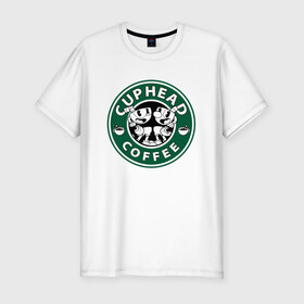Мужская футболка хлопок Slim с принтом CUPHEAD COFFEE в Белгороде, 92% хлопок, 8% лайкра | приталенный силуэт, круглый вырез ворота, длина до линии бедра, короткий рукав | art | cartoon | coffee | cup | cuphead | devil | dice | game | king | mugman | starbucks | the | арт | бос | босс | голова | демон | дьявол | игра | капхед | кофе | магмен | мультик | мультфильм | платформер | старбакс | чаша | чашка | человек 