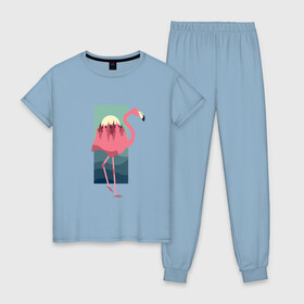 Женская пижама хлопок с принтом Фламинго лес и закат в Белгороде, 100% хлопок | брюки и футболка прямого кроя, без карманов, на брюках мягкая резинка на поясе и по низу штанин | Тематика изображения на принте: africa | afrika | bird | double exposure | fashion | flamingo | forest | landscape | pink flamingo | summer | sunset | африка | двойная экспозиция | лес | лето | мода | нарисованный фламинго | пейзаж | птица | рисунок | розовый фламинго | тре