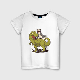 Детская футболка хлопок с принтом Хаски верхом на Динозавре в Белгороде, 100% хлопок | круглый вырез горловины, полуприлегающий силуэт, длина до линии бедер | dinosaur | dog | funny | husky | oil | rex | t rex | большой динозавр | в луже | динозавры приколы | лужа | маламут | нефть | огромный динозавр | порода | прикол | рекс | сибирский хаски | смешной хаски | собака