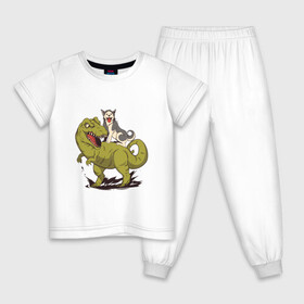 Детская пижама хлопок с принтом Хаски верхом на Динозавре в Белгороде, 100% хлопок |  брюки и футболка прямого кроя, без карманов, на брюках мягкая резинка на поясе и по низу штанин
 | dinosaur | dog | funny | husky | oil | rex | t rex | большой динозавр | в луже | динозавры приколы | лужа | маламут | нефть | огромный динозавр | порода | прикол | рекс | сибирский хаски | смешной хаски | собака