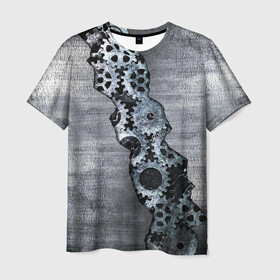Мужская футболка 3D с принтом Шестеренки в Белгороде, 100% полиэфир | прямой крой, круглый вырез горловины, длина до линии бедер | метал | механизм | разлом | сталь | шестеренки