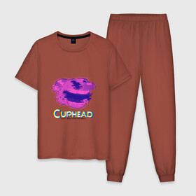 Мужская пижама хлопок с принтом Cuphead Glitch в Белгороде, 100% хлопок | брюки и футболка прямого кроя, без карманов, на брюках мягкая резинка на поясе и по низу штанин
 | glitch | голова | фиолетовый | чашка