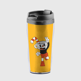 Термокружка-непроливайка с принтом CUPHEAD в Белгороде, внутренняя часть — пищевой пластик, наружная часть — прозрачный пластик, между ними — полиграфическая вставка с рисунком | объем — 350 мл, герметичная крышка | Тематика изображения на принте: art | cartoon | cup | cuphead | devil | dice | game | king | mugman | the | арт | бос | босс | голова | демон | дьявол | игра | капхед | магмен | мультик | мультфильм | платформер | чаша | чашка | человек | черт