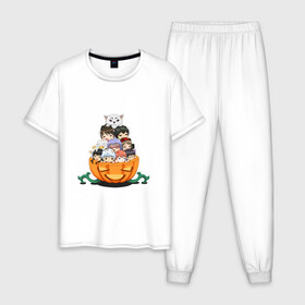 Мужская пижама хлопок с принтом Гинтама в Белгороде, 100% хлопок | брюки и футболка прямого кроя, без карманов, на брюках мягкая резинка на поясе и по низу штанин
 | anime | ginatama | manga | аниме | гинтама | друзья | манга