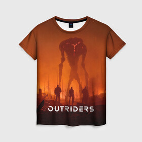 Женская футболка 3D с принтом Outriders в Белгороде, 100% полиэфир ( синтетическое хлопкоподобное полотно) | прямой крой, круглый вырез горловины, длина до линии бедер | game | outriders | rpg | shooter | босс | всадники | игра | монстр | рпг | шутер