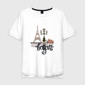 Мужская футболка хлопок Oversize с принтом Бонжур в Белгороде, 100% хлопок | свободный крой, круглый ворот, “спинка” длиннее передней части | Тематика изображения на принте: париж | франция | цветы | эйфелева башня