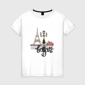 Женская футболка хлопок с принтом Бонжур в Белгороде, 100% хлопок | прямой крой, круглый вырез горловины, длина до линии бедер, слегка спущенное плечо | париж | франция | цветы | эйфелева башня