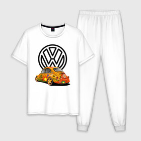Мужская пижама хлопок с принтом Volkswagen  в Белгороде, 100% хлопок | брюки и футболка прямого кроя, без карманов, на брюках мягкая резинка на поясе и по низу штанин
 | car | volkswagen | жук | классика | машина | скорость