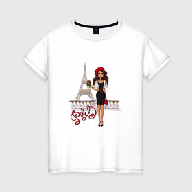 Женская футболка хлопок с принтом Париж в Белгороде, 100% хлопок | прямой крой, круглый вырез горловины, длина до линии бедер, слегка спущенное плечо | башня | берет | любовь | мечта | франция