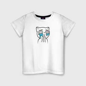 Детская футболка хлопок с принтом Кот Плачет в Белгороде, 100% хлопок | круглый вырез горловины, полуприлегающий силуэт, длина до линии бедер | cat | cry | животные | звери | котенок | мем | плачет