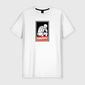 Мужская футболка хлопок Slim с принтом Happy в Белгороде, 92% хлопок, 8% лайкра | приталенный силуэт, круглый вырез ворота, длина до линии бедра, короткий рукав | happy | sad | грусть | депрессия | настроение | счастье | человек