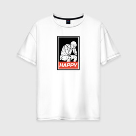 Женская футболка хлопок Oversize с принтом Happy в Белгороде, 100% хлопок | свободный крой, круглый ворот, спущенный рукав, длина до линии бедер
 | happy | sad | грусть | депрессия | настроение | счастье | человек