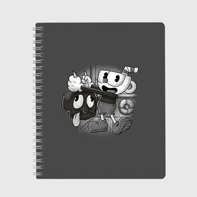 Тетрадь с принтом CUPHEAD в Белгороде, 100% бумага | 48 листов, плотность листов — 60 г/м2, плотность картонной обложки — 250 г/м2. Листы скреплены сбоку удобной пружинной спиралью. Уголки страниц и обложки скругленные. Цвет линий — светло-серый
 | art | cartoon | cup | cuphead | devil | dice | game | king | mugman | the | арт | бос | босс | голова | демон | дьявол | игра | капхед | магмен | мультик | мультфильм | платформер | чаша | чашка | человек | черт