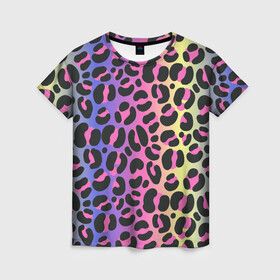 Женская футболка 3D с принтом Neon Leopard Pattern в Белгороде, 100% полиэфир ( синтетическое хлопкоподобное полотно) | прямой крой, круглый вырез горловины, длина до линии бедер | africa | afrika | gradient | summer | tropical | африка | африканский узор | градиент | леопард | леопардовый узор | лето | неон | неоновое свечение | паттерт | пятна | разные цвета | саванна | тропики | тропический узор