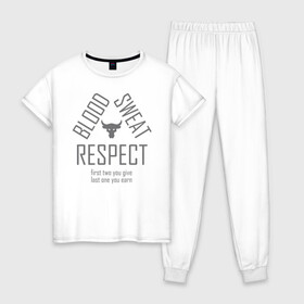 Женская пижама хлопок с принтом Blood Sweat RESPECT в Белгороде, 100% хлопок | брюки и футболка прямого кроя, без карманов, на брюках мягкая резинка на поясе и по низу штанин | blood | bodybuilding | bull | crossfit | dwayne johnson | fitness | gym | logo | motivation | project | respect | sport | star | sweat | the rock | under armour | бодибилдинг | броня | бык | дуэйн джонсон | звезда | качалка | кровь | кроссфит | лого | мот