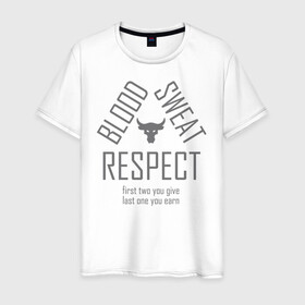 Мужская футболка хлопок с принтом Blood Sweat RESPECT в Белгороде, 100% хлопок | прямой крой, круглый вырез горловины, длина до линии бедер, слегка спущенное плечо. | blood | bodybuilding | bull | crossfit | dwayne johnson | fitness | gym | logo | motivation | project | respect | sport | star | sweat | the rock | under armour | бодибилдинг | броня | бык | дуэйн джонсон | звезда | качалка | кровь | кроссфит | лого | мот