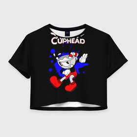 Женская футболка Crop-top 3D с принтом Cuphead в Белгороде, 100% полиэстер | круглая горловина, длина футболки до линии талии, рукава с отворотами | cup head | cuphead | run and gun | детям | капхед | капхэд | логотипы игр | персонажи игр | чашка