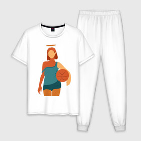 Мужская пижама хлопок с принтом Красивая девушка с мячом. в Белгороде, 100% хлопок | брюки и футболка прямого кроя, без карманов, на брюках мягкая резинка на поясе и по низу штанин
 | баскетбол | векторная графика | девушка | день рождения | подарок | подарок парню