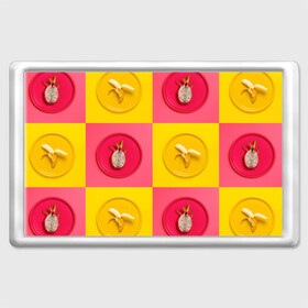 Магнит 45*70 с принтом фрукты шахматы в Белгороде, Пластик | Размер: 78*52 мм; Размер печати: 70*45 | 3d | банан | вкусняшки | еда | желтый | клетка | розовый | фрукты