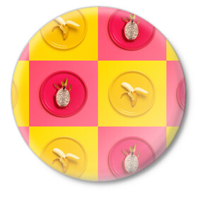 Значок с принтом фрукты шахматы в Белгороде,  металл | круглая форма, металлическая застежка в виде булавки | 3d | банан | вкусняшки | еда | желтый | клетка | розовый | фрукты