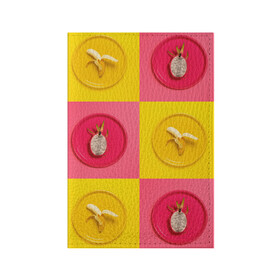 Обложка для паспорта матовая кожа с принтом фрукты шахматы в Белгороде, натуральная матовая кожа | размер 19,3 х 13,7 см; прозрачные пластиковые крепления | 3d | банан | вкусняшки | еда | желтый | клетка | розовый | фрукты