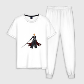 Мужская пижама хлопок с принтом Ичиго Куросаки в Белгороде, 100% хлопок | брюки и футболка прямого кроя, без карманов, на брюках мягкая резинка на поясе и по низу штанин
 | anime | bleach | hero | ichigo kurosaki | manga | блич | герой | ичиго куросаки