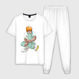 Мужская пижама хлопок с принтом Ичиго в Белгороде, 100% хлопок | брюки и футболка прямого кроя, без карманов, на брюках мягкая резинка на поясе и по низу штанин
 | anime | bleach | hero | ichigo kurosaki | manga | блич | герой | ичиго куросаки