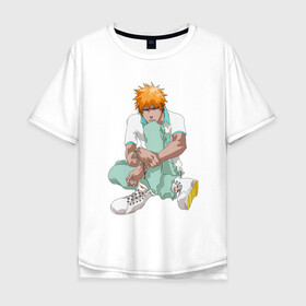 Мужская футболка хлопок Oversize с принтом Ичиго в Белгороде, 100% хлопок | свободный крой, круглый ворот, “спинка” длиннее передней части | anime | bleach | hero | ichigo kurosaki | manga | блич | герой | ичиго куросаки