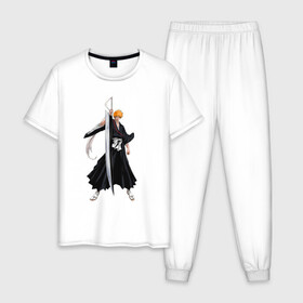 Мужская пижама хлопок с принтом Блич - Ичиго в Белгороде, 100% хлопок | брюки и футболка прямого кроя, без карманов, на брюках мягкая резинка на поясе и по низу штанин
 | anime | bleach | hero | ichigo kurosaki | manga | блич | герой | ичиго куросаки