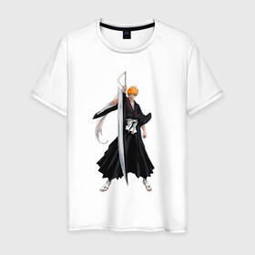 Мужская футболка хлопок с принтом Блич - Ичиго в Белгороде, 100% хлопок | прямой крой, круглый вырез горловины, длина до линии бедер, слегка спущенное плечо. | anime | bleach | hero | ichigo kurosaki | manga | блич | герой | ичиго куросаки