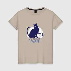 Женская футболка хлопок с принтом Бунтующий котик в Белгороде, 100% хлопок | прямой крой, круглый вырез горловины, длина до линии бедер, слегка спущенное плечо | black cat | cat | cats | cute | i do what i want | kawaii | kitten | kitty | pussycat | rebel | бунтарь | возмущение | делаю что хочу | злой кот | кавайи | котенок | коты | котята | люблю котов | протест | роняет | роняют | сбрасывает кружку 