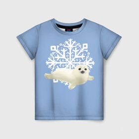 Детская футболка 3D с принтом Беляк в Белгороде, 100% гипоаллергенный полиэфир | прямой крой, круглый вырез горловины, длина до линии бедер, чуть спущенное плечо, ткань немного тянется | Тематика изображения на принте: белый | беляк | детёныш | зима | лазурно серый | милота | милый | синий | снег | снежинка | тюлень