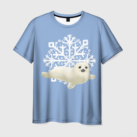 Мужская футболка 3D с принтом Беляк в Белгороде, 100% полиэфир | прямой крой, круглый вырез горловины, длина до линии бедер | Тематика изображения на принте: белый | беляк | детёныш | зима | лазурно серый | милота | милый | синий | снег | снежинка | тюлень