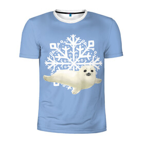 Мужская футболка 3D спортивная с принтом Беляк в Белгороде, 100% полиэстер с улучшенными характеристиками | приталенный силуэт, круглая горловина, широкие плечи, сужается к линии бедра | белый | беляк | детёныш | зима | лазурно серый | милота | милый | синий | снег | снежинка | тюлень