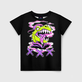 Детская футболка 3D с принтом Кислотный динозавр в Белгороде, 100% гипоаллергенный полиэфир | прямой крой, круглый вырез горловины, длина до линии бедер, чуть спущенное плечо, ткань немного тянется | безумие | динозавр | животные | килоста | кислотный | рекс | тиранозавр | эйфория