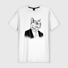 Мужская футболка хлопок Slim с принтом Сэр Кот Джентльмен в Белгороде, 92% хлопок, 8% лайкра | приталенный силуэт, круглый вырез ворота, длина до линии бедра, короткий рукав | black cat | cat | cats | cute | gentleman | kawaii | kitten | kitty | pussycat | sir cat | в костюме | кавайи | котенок | коты | котята | кошка | люблю котов | пиджак | прикол | рисунок кота | черный кот | юмор