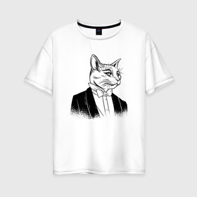 Женская футболка хлопок Oversize с принтом Сэр Кот Джентльмен в Белгороде, 100% хлопок | свободный крой, круглый ворот, спущенный рукав, длина до линии бедер
 | black cat | cat | cats | cute | gentleman | kawaii | kitten | kitty | pussycat | sir cat | в костюме | кавайи | котенок | коты | котята | кошка | люблю котов | пиджак | прикол | рисунок кота | черный кот | юмор