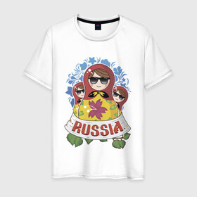 Мужская футболка хлопок с принтом Russia в Белгороде, 100% хлопок | прямой крой, круглый вырез горловины, длина до линии бедер, слегка спущенное плечо. | russia | матрешки | патриотизм | родина | россия