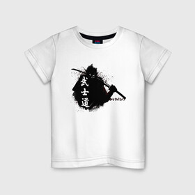Детская футболка хлопок с принтом Busido - путь воина в Белгороде, 100% хлопок | круглый вырез горловины, полуприлегающий силуэт, длина до линии бедер | Тематика изображения на принте: воин | демон | дух | иероглиф | меч | самурай | японимая