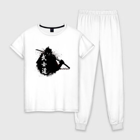 Женская пижама хлопок с принтом Busido - путь воина в Белгороде, 100% хлопок | брюки и футболка прямого кроя, без карманов, на брюках мягкая резинка на поясе и по низу штанин | воин | демон | дух | иероглиф | меч | самурай | японимая