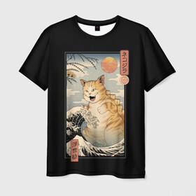 Мужская футболка 3D с принтом CATZILLA в Белгороде, 100% полиэфир | прямой крой, круглый вырез горловины, длина до линии бедер | cat | cats | catzilla | godzilla | japan | kaiju | neko | ninja | retro | samurai | shark | wave | yakuza | акула | волна | годзилла | кайдзю | катана | кот | котенок | котзилла | коты | котэ | котята | кошка | неко | ниндзя | ретро | самурай | якудза