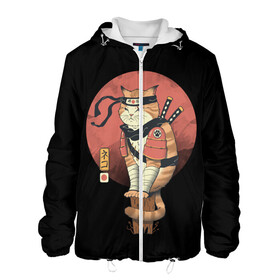 Мужская куртка 3D с принтом Кот Ниндзя в Белгороде, ткань верха — 100% полиэстер, подклад — флис | прямой крой, подол и капюшон оформлены резинкой с фиксаторами, два кармана без застежек по бокам, один большой потайной карман на груди. Карман на груди застегивается на липучку | Тематика изображения на принте: cat | cats | japan | ninja | samurai | yakuza | катана | кот | котенок | коты | котэ | котята | кошка | ниндзя | самурай | якудза | япония