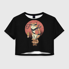 Женская футболка Crop-top 3D с принтом Кот Ниндзя в Белгороде, 100% полиэстер | круглая горловина, длина футболки до линии талии, рукава с отворотами | cat | cats | japan | ninja | samurai | yakuza | катана | кот | котенок | коты | котэ | котята | кошка | ниндзя | самурай | якудза | япония