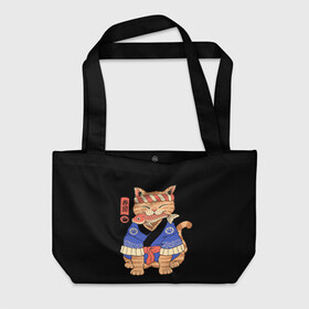 Пляжная сумка 3D с принтом Суши Мастер в Белгороде, 100% полиэстер | застегивается на металлическую кнопку; внутренний карман застегивается на молнию. Стенки укреплены специальным мягким материалом, чтобы защитить содержимое от несильных ударов
 | cat | cats | japan | master | ninja | samurai | sushi | yakuza | катана | кот | котенок | коты | котэ | котята | кошка | мастер | ниндзя | самурай | суши | якудза | япония
