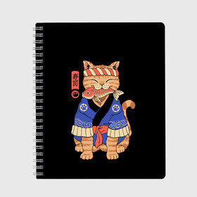 Тетрадь с принтом Суши Мастер в Белгороде, 100% бумага | 48 листов, плотность листов — 60 г/м2, плотность картонной обложки — 250 г/м2. Листы скреплены сбоку удобной пружинной спиралью. Уголки страниц и обложки скругленные. Цвет линий — светло-серый
 | Тематика изображения на принте: cat | cats | japan | master | ninja | samurai | sushi | yakuza | катана | кот | котенок | коты | котэ | котята | кошка | мастер | ниндзя | самурай | суши | якудза | япония