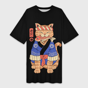 Платье-футболка 3D с принтом Суши Мастер в Белгороде,  |  | cat | cats | japan | master | ninja | samurai | sushi | yakuza | катана | кот | котенок | коты | котэ | котята | кошка | мастер | ниндзя | самурай | суши | якудза | япония